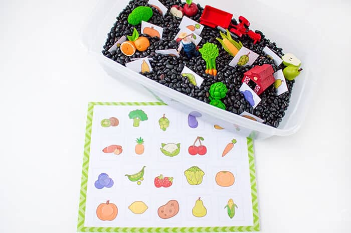 Teaching Fruits And Vegetables To Preschoolers - Fruit And Vegetable Hunt Farm Sensory Bin