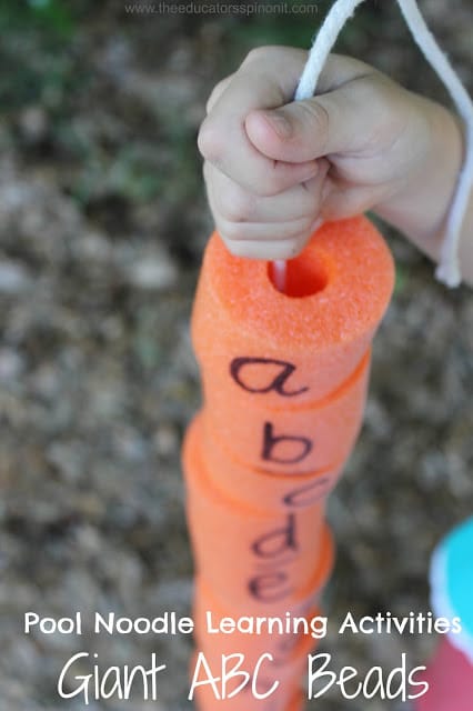 Letter Recognition Games For Preschoolers - Stringing Giant Pool Noodle Alphabet Beads