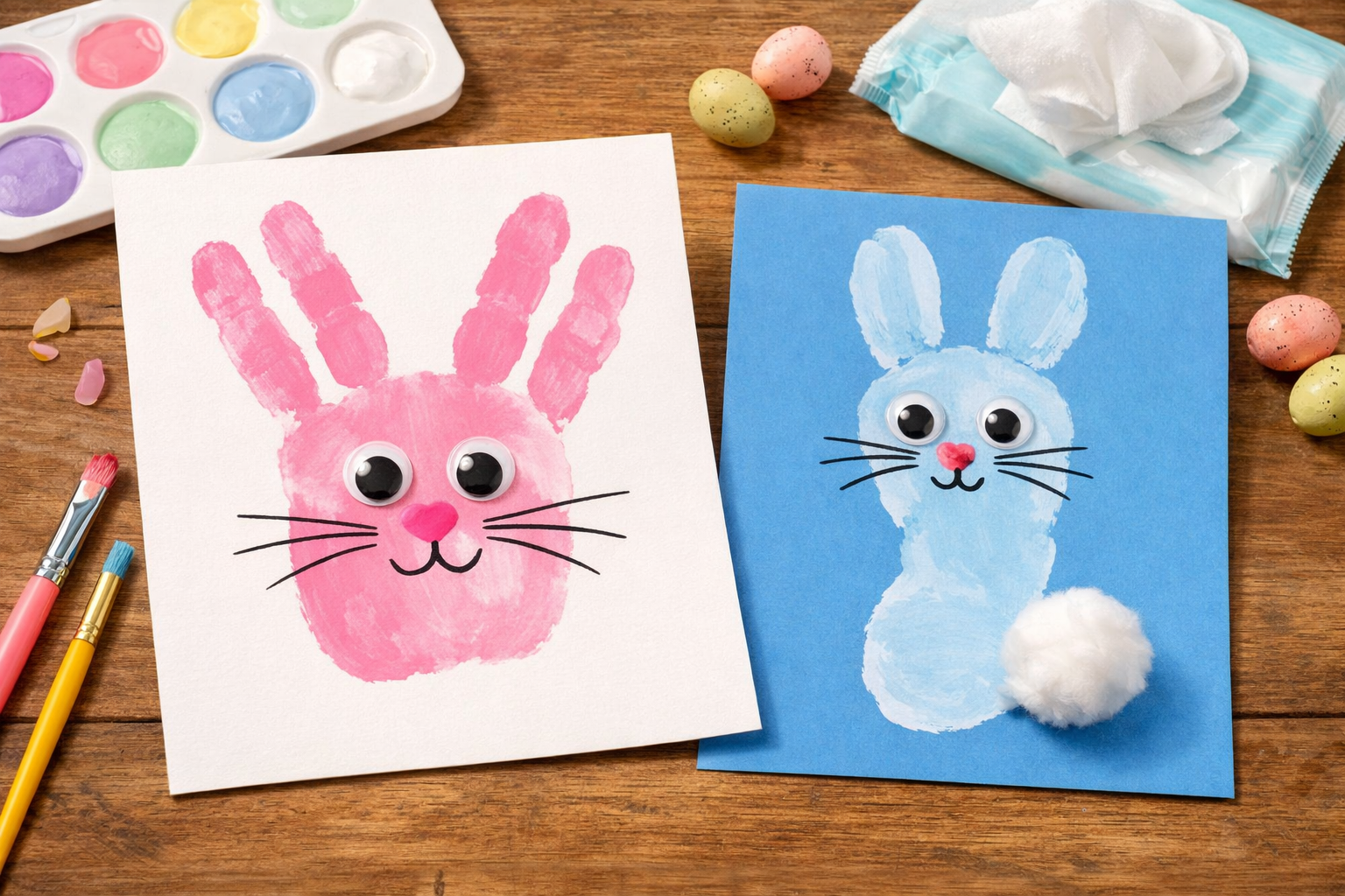 Handprint bunny art and footprint bunny card displayed together