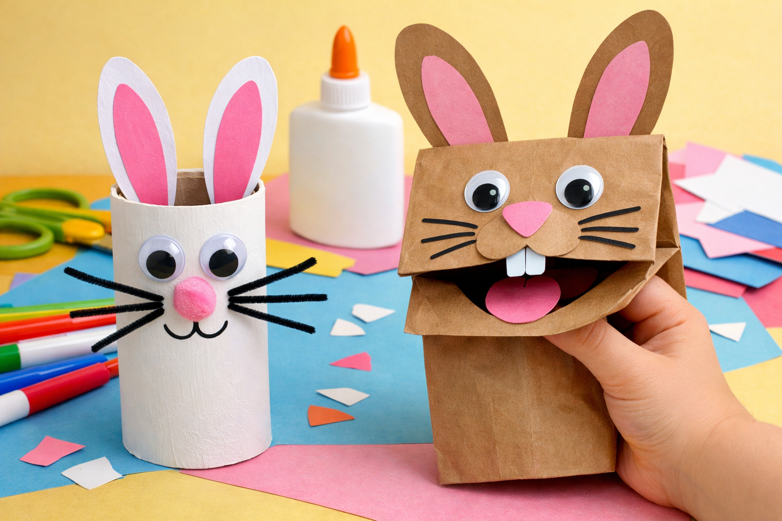 Toilet paper roll bunny and paper bag bunny puppet side by side