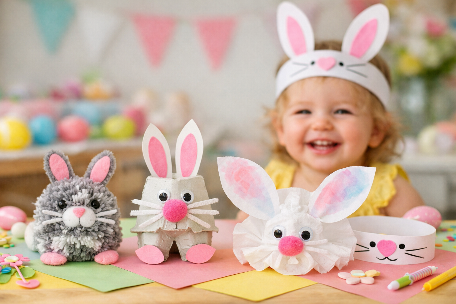 Collection of finished bunny crafts including pom pom bunny, egg carton bunny, coffee filter bunny