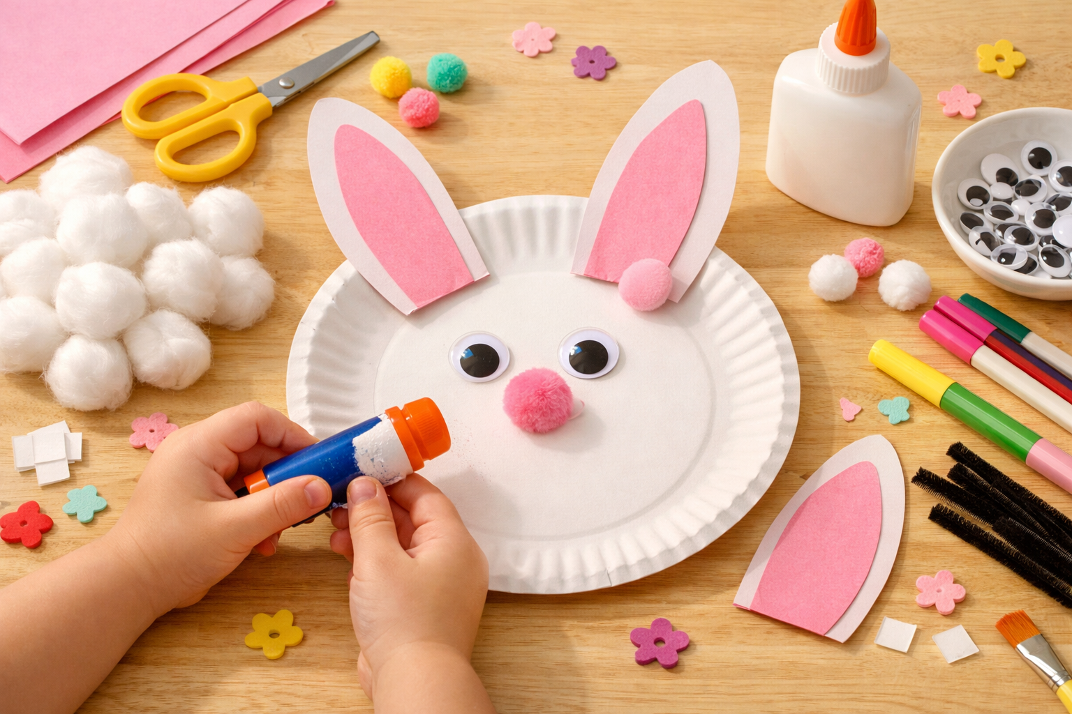 Paper plate bunny craft in progress with white paper plate as bunny face and pink construction paper ears